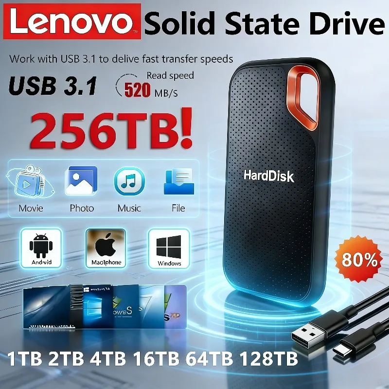 

Внешний SSD-накопитель Lenovo E60, 2 ТБ, 6 ТБ, 8 ТБ, 256 ТБ, USB 3.1, портативное хранилище для ноутбуков, PS5 и мобильных устройств