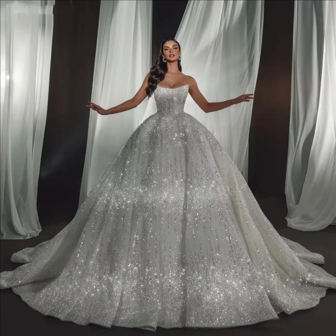 Customized Sexy  Ball Gown Bride Robe Strapless Sleeveless Bridal dress Sweetheart  Shiny Sequins Pearls Wedding Gown Vestido De