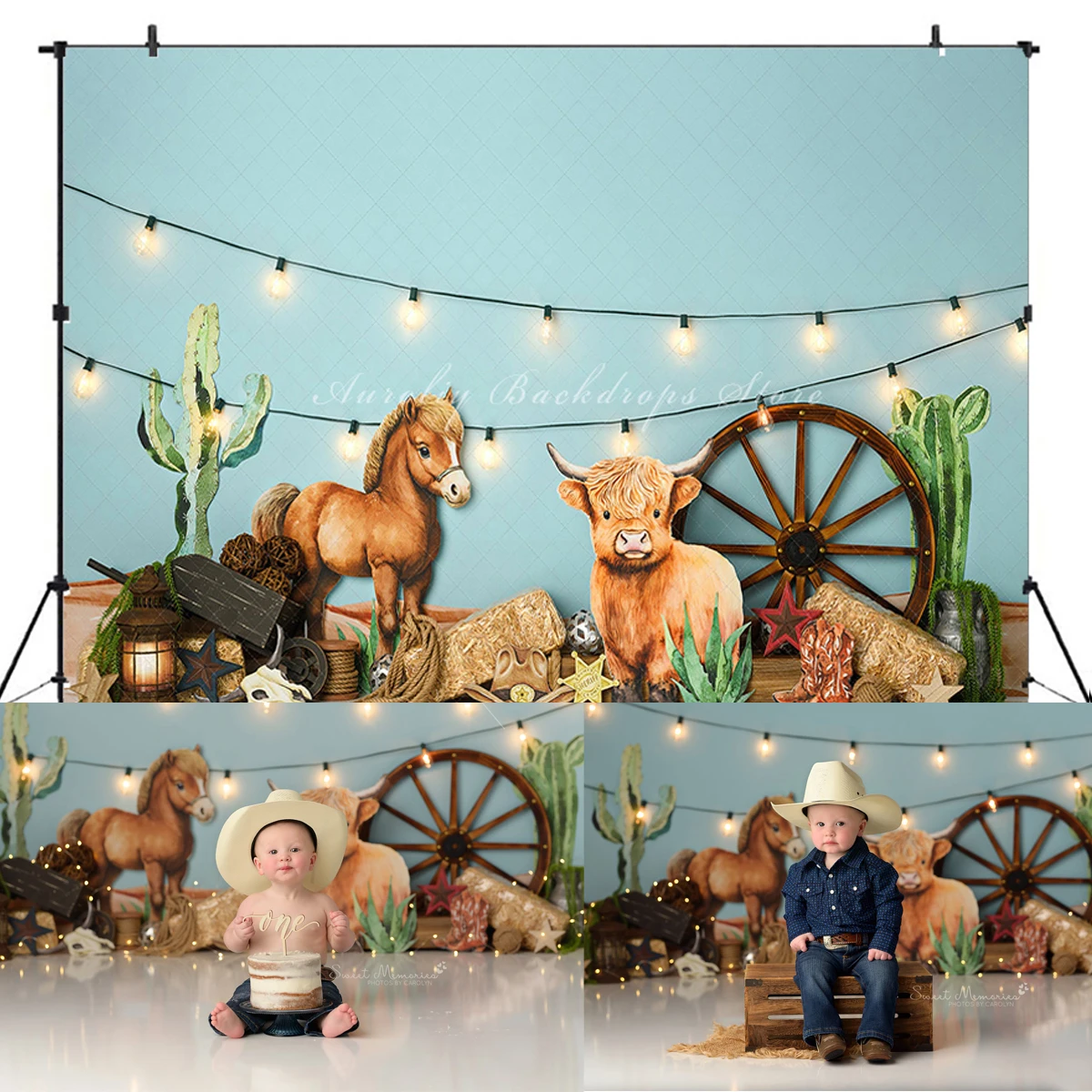 Cute Cowboy Backdrop  Birthday Cake Smash Adult Photography Props Baby Child Photocall oxen horses Cactus Background