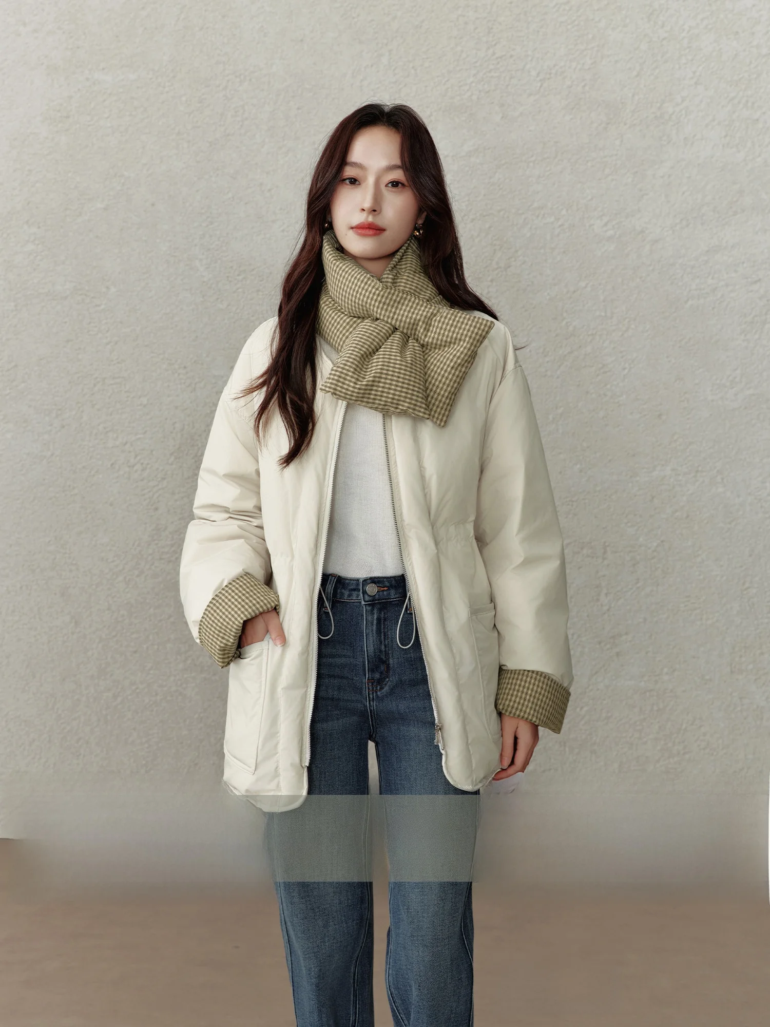 

Rise of the Small Design Winter Women's down Jaet White Du Feather Plaid Patchwork Mid-Length Warm Casual Sle Polyester...