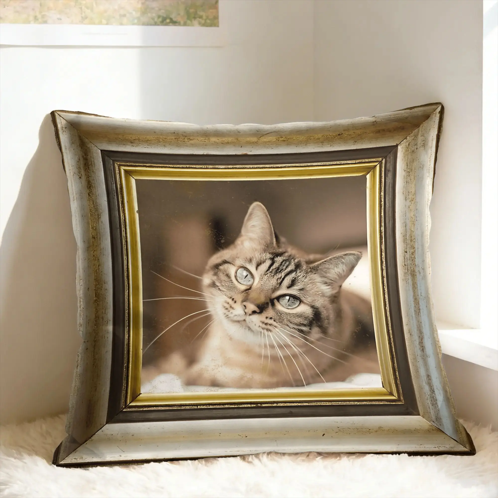 Cute Caroon Cat Portrait Photo Frame Art Pillowcases  Retro Trendy Pillow Case For Chair Sofa Home Decor Comfy Pillow Cover