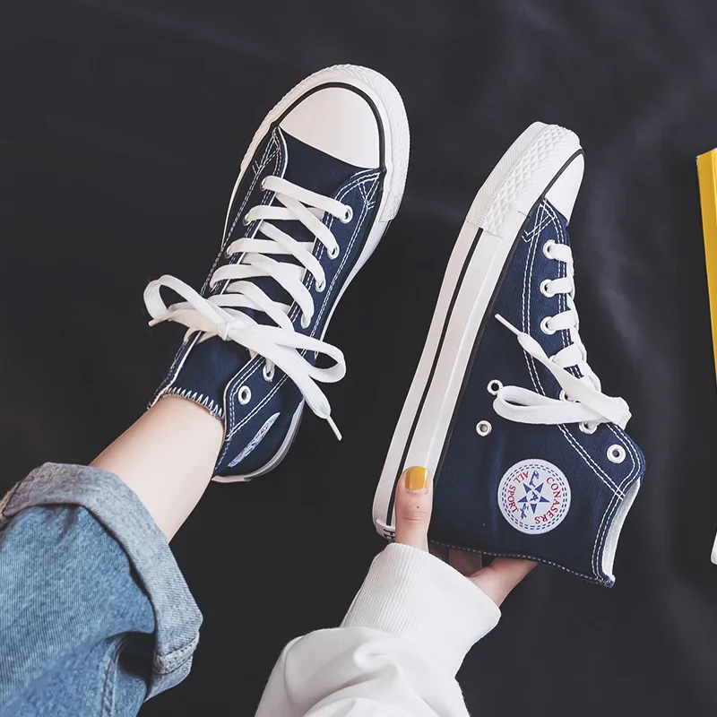 Women Canvas Flat Shoes High Top Spring New Fashion Casual Students Korean Style Cloth Shoes White and Red Skateboard Versatile