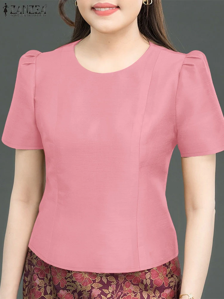 Stilvolle Frauen Tops ZANZEA Elegante Sommer Satin Bluse Kurzarm Solide Büro Hemd Casual O Neck Arbeit Blusas Mujer Femme 2025