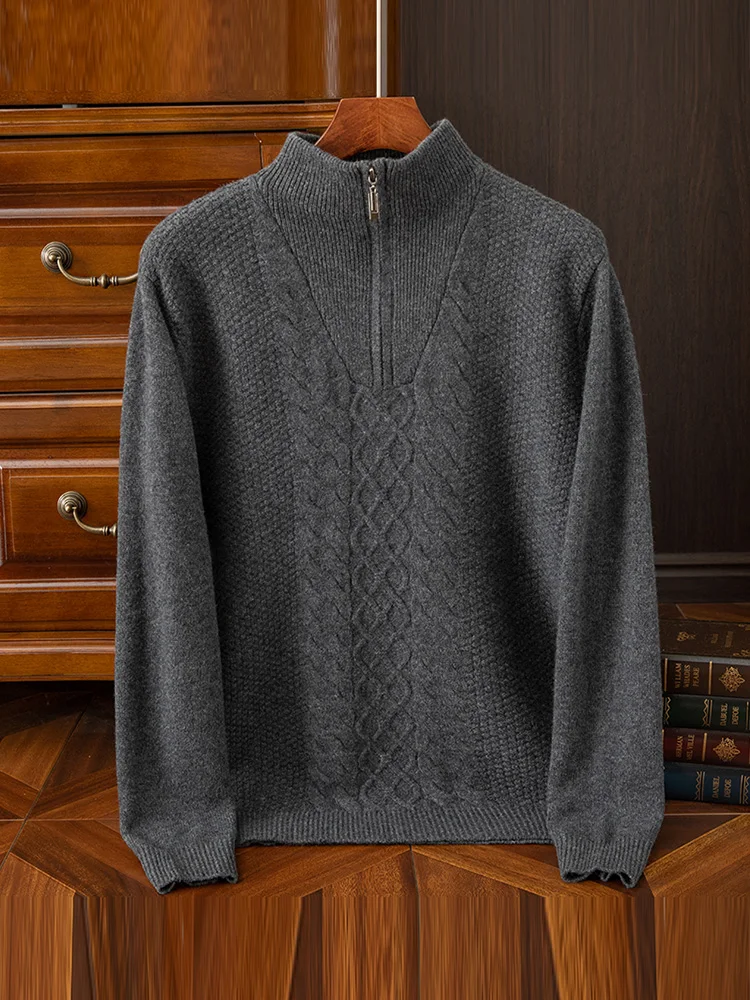 Winter Trendy Men's Sweater Half Turtleneck Zipper Pure Wool Pullover Warm Comfortable Top Loose All-Matching Women's Wear