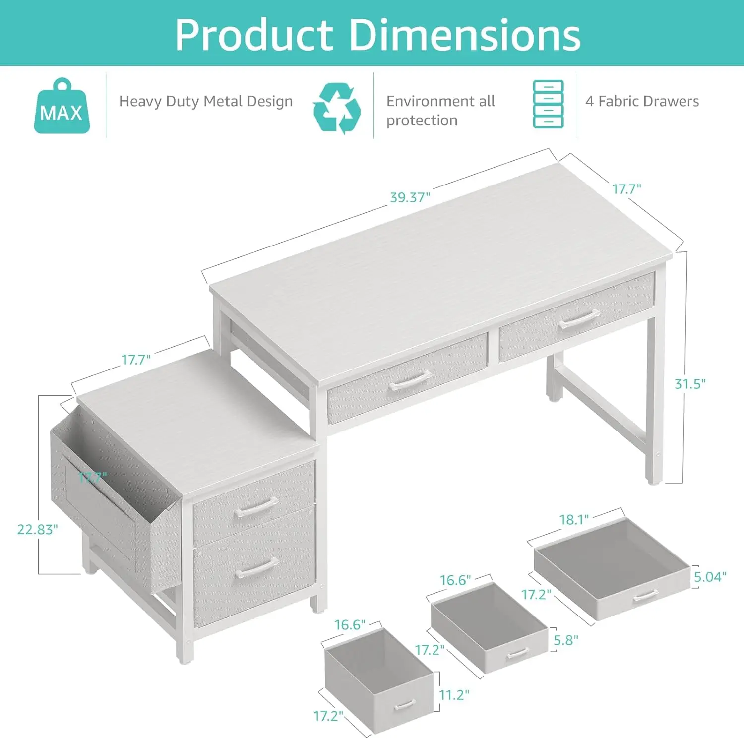 White Computer Desk with Fabric File Drawers Cabinet, 57 Inch Home Office Desks with Reversible Filing Cabinet Printer Stand for