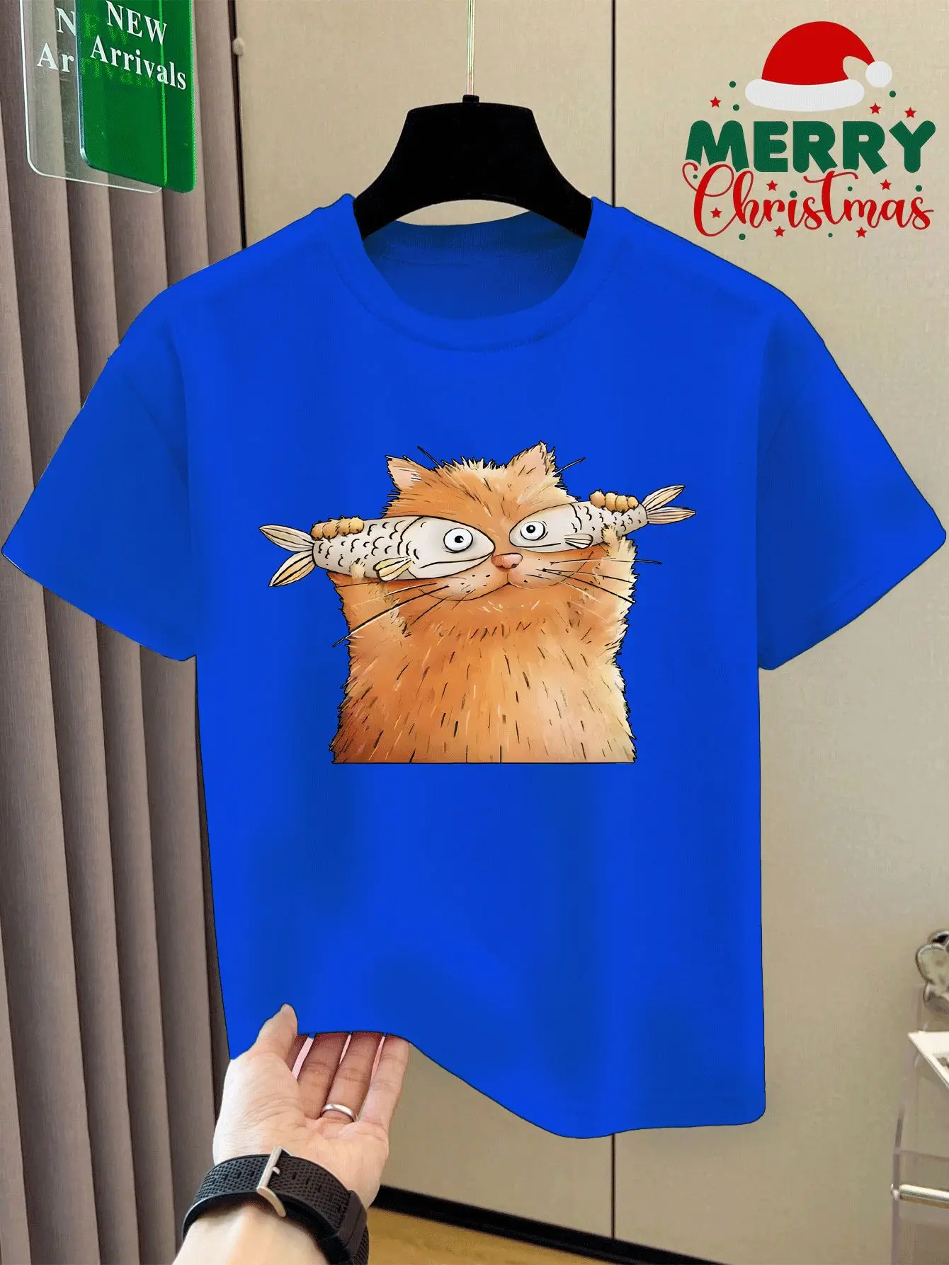 Children's T-shirt Cute Orange Cat Holding Fish Wearing Glasses Pattern T-shirt Children's Clothing Daily Parent-child Outfit