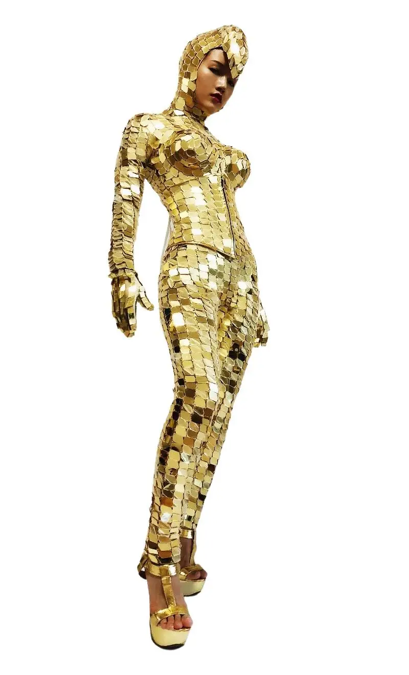 Woman Gold Mirror Costume Jumpsuit Club Party Mirror Suit Ladies GOGO Clubwear Nightlife Clothing Dance Dress Performance