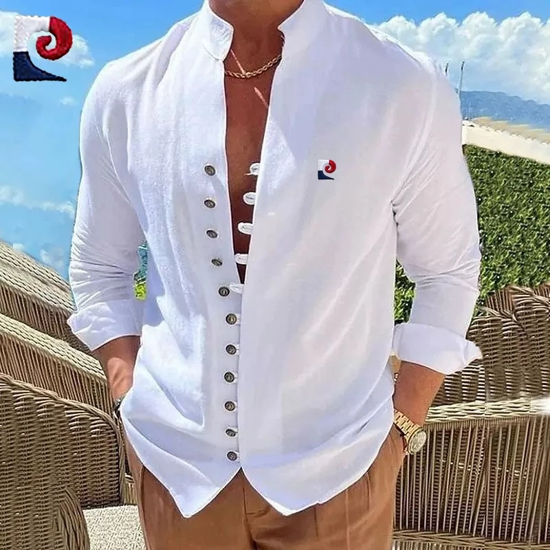 New men's high-quality retro cotton long sleeved shirt, trendy and casual, breathable and cool, versatile polo shirt top