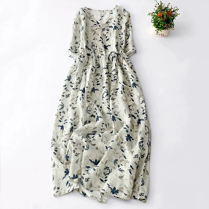 Zomermode Bloemenprint Katoen Linnen A-lijn Jurk Voor Vrouwen Korte Mouw V-hals Bohemen Zoete Japon Vrouwelijke Zachte Gezellige