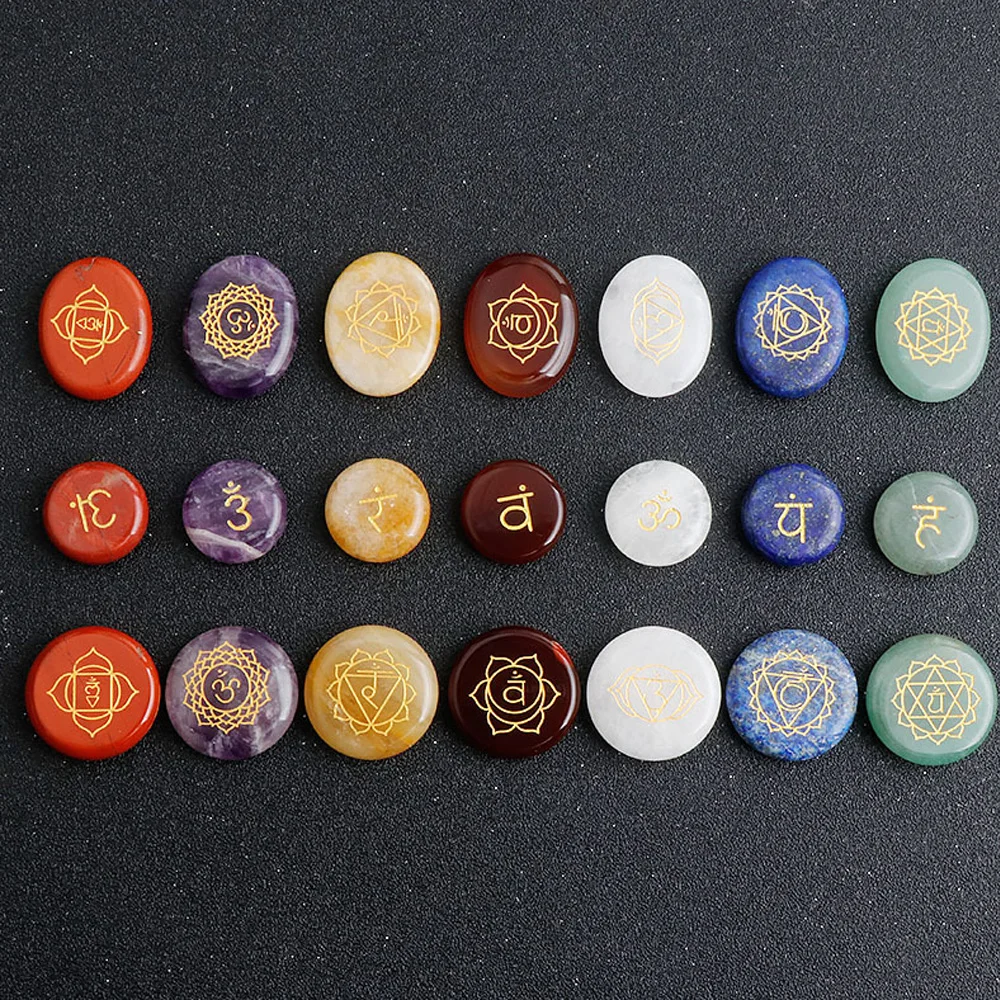 

7 Chakra Healing Crystals Yoga Symbol Carving Runes Stone Natural Stone Palm Reiki Crystals Set Meditation Ornament Home Decor