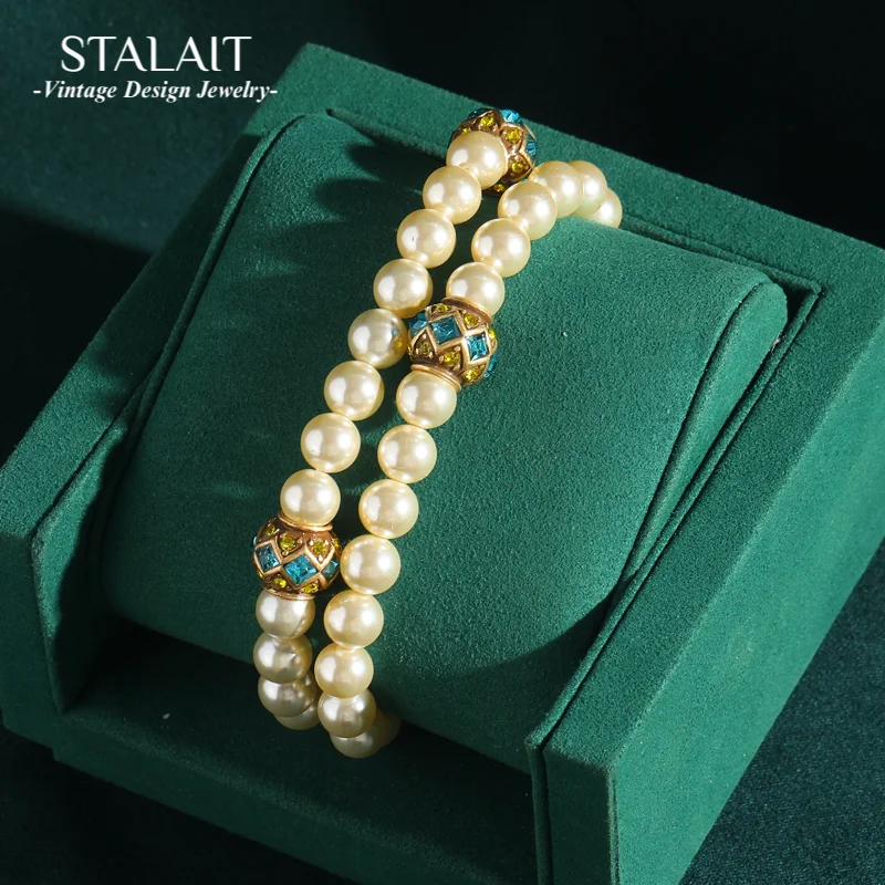 

Vintage Pearl Bracelets For Bridesmaid Gold Color Blue Crystal Lucky Ball Charm Women Wedding Dress Antique Jewelry New 2025