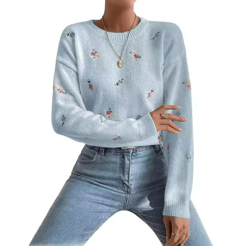 Spring And Autumn Casual Elegant Women's Sweater Flower Embroidered Round Neck Long Sleeve Off Shoulder Sweet Top