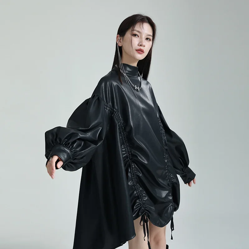 

Niche Design Cape Dress Irregular Women Drawstring Stand Collar PU Leather Lantern Sleeve Tutu Clothing Cloak Loose Waist Mini