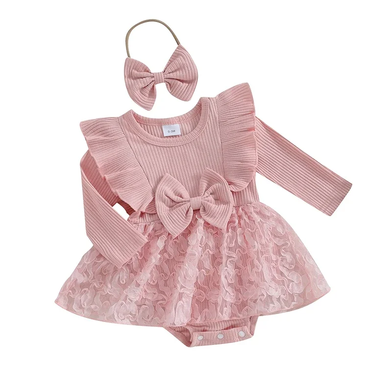 Baby Girls Rompers Dress Long Sleeve Bowknot Lace Layered Tulle Skirt Hem Toddler Bodysuits with Headband Children's Clothing image 6