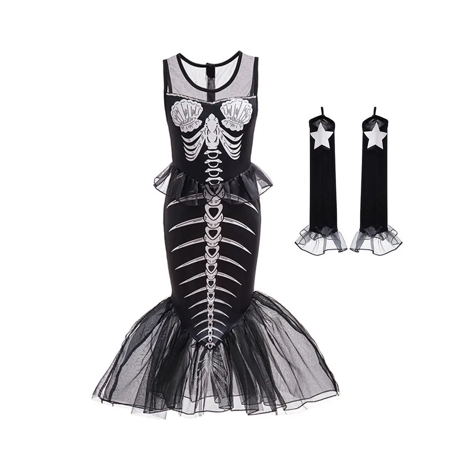 Halloween Kids Dead Mermaid Skeleton Costume Gothic Black Mesh Trumpet Dress With Arm Sleeves Girls Horro Siren Cosplay Outfit