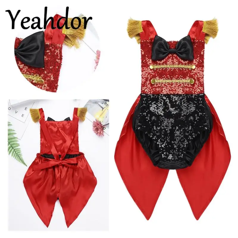 

Toddler Girls Circus Costume Showman Ringmaster Jumpsuit Sequins Bowknot Romper with Feather Mini Top Hat Halloween Cosplay