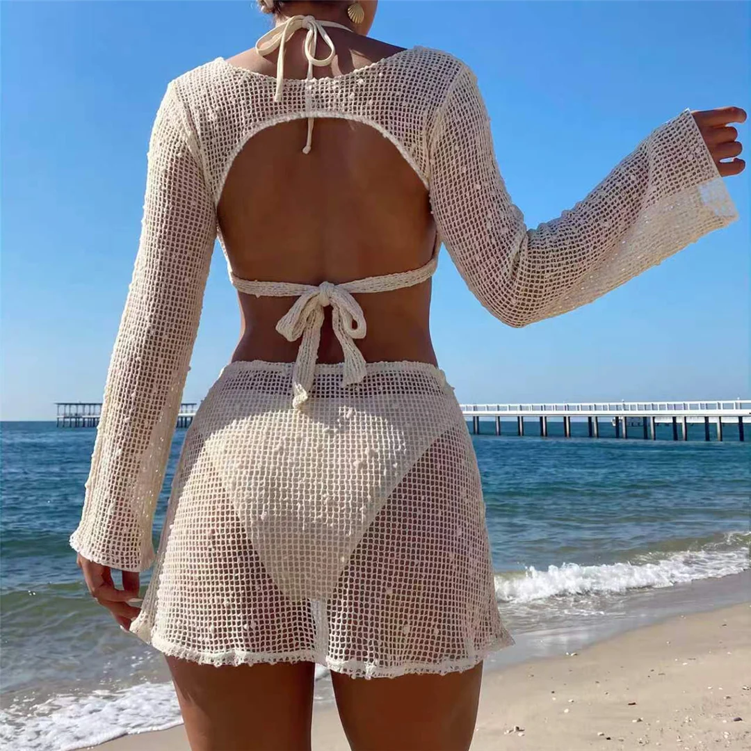Mit langen Ärmeln, als Überwurf, Neckholder-Bikini, Damen-Badeanzug, dreiteiliges Bikini-Set, Badebekleidung, Badeanzug, Modell V8397. – Detail 3
