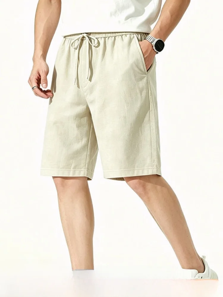

Loose Fit Men's Summer Shorts Ice Silk Linen Blend Comfortable Breathable Casual Waist Standard Belted mid Waist Nylon