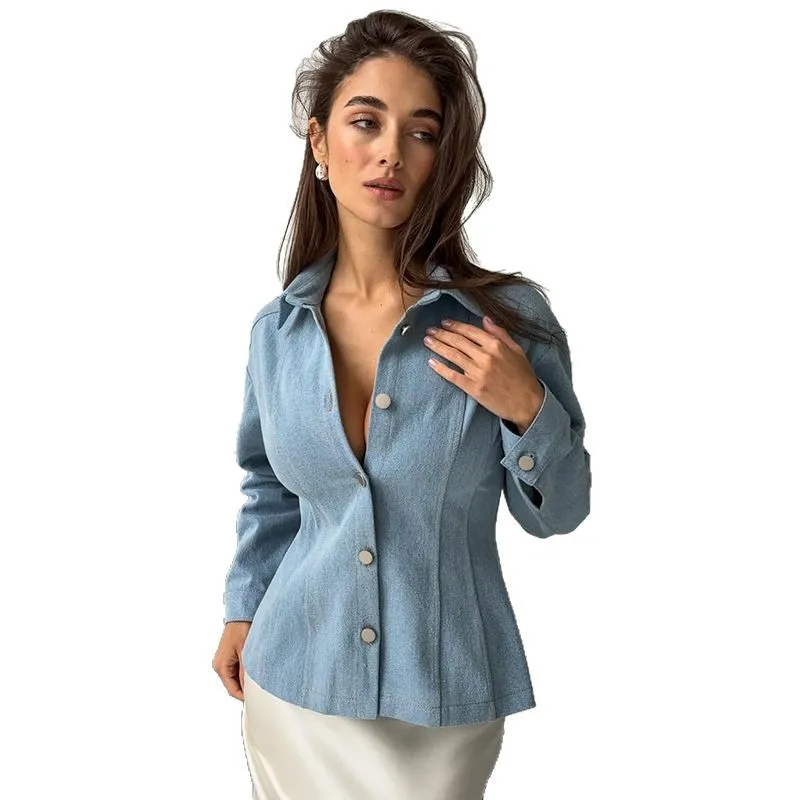 Women's clothing 2025 spring new style temperament lapel slim fit waist cinched long sleeved denim jacket shirt