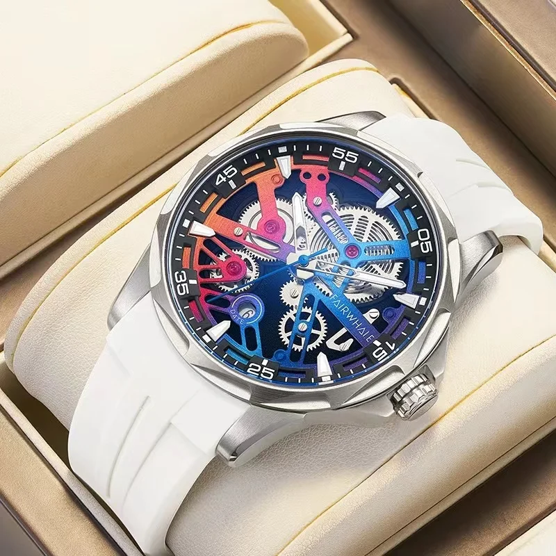 

Mark Fairwhale Men's Automatic Watch Casual Fashion with Color Dial White Rubber Strap Mechanical Wristwatch for Sports