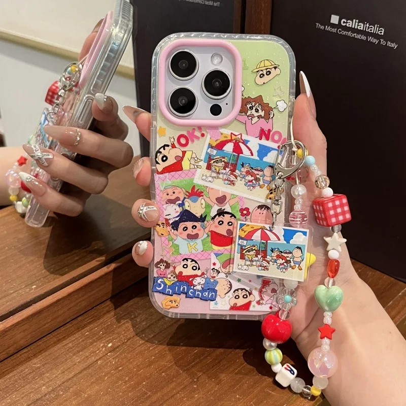 

Japan Cute comic cartoon Crayon Shin-chan Star Bling Glitter Phone Case For iPhone 13 14 15 16 Pro Max Shin-chan Lanyard Cover