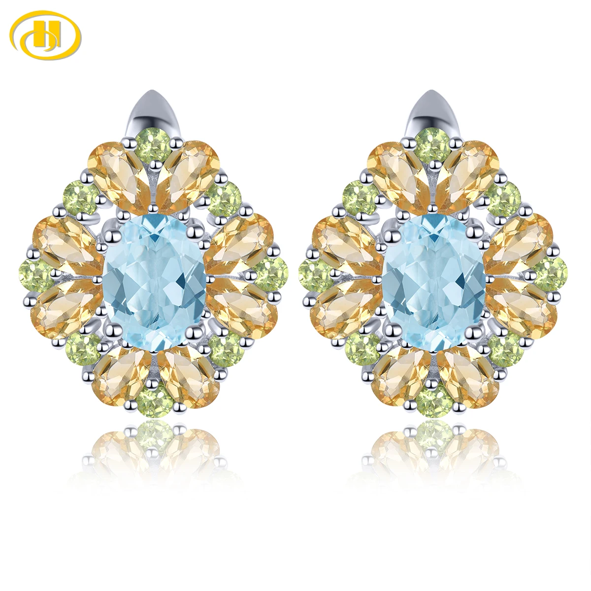 

Natural Sky Blue Topaz Citrine Silver Clip Earrings 7.5 Carats Genuine Gemstone Citrine Peridot S925 Romantic Gorgerous Style