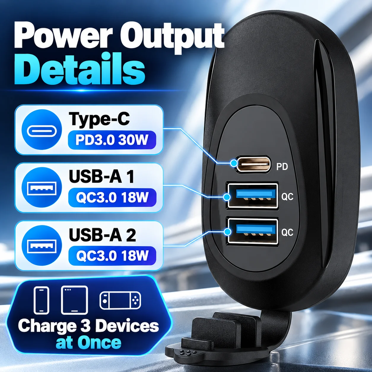 24V 3-Port Fast Charge Car USB Charger Socket, Modified Car Charger for RV, Bus, Refitted Vehicles
