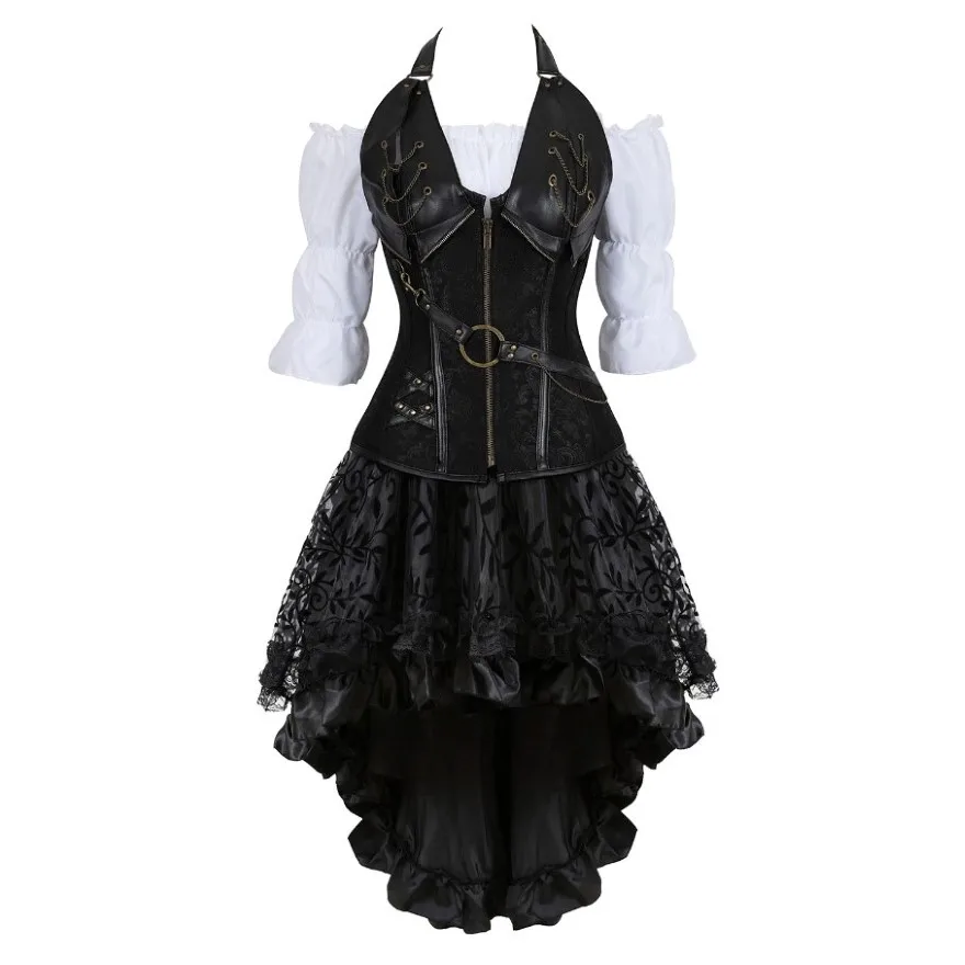 

Women Steampunk Corset Dress Lace Floral Dreses Waist Cincher Bustier Asymmetrical Skirt Set Three-Pieces Set Pirate Costume