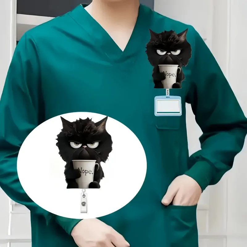 1pc cute teacup black cat retractable badge clip, 2D acrylic with durable nylon cord, suitable for office workers, nurses