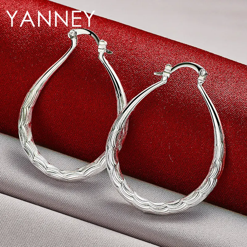 

New 925 Sterling Silver 30MM Fine Pattern U Hoop Earrings For Women Charm Wedding Engagement Gift Fashion Jewelry Accessories