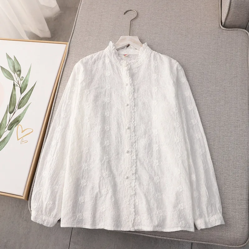 Mori kei clothing Japanese style white lace embroider shirts and blouses women cotton sweet long sleeve shirts cute clothes