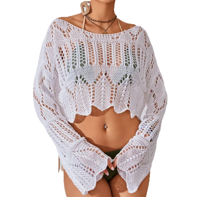 Women's Long Sleeve Crochet Swimsuit Sexy Hollow out Knit Bikini Cover-up Crop Top Blouse Thin Sweater Swimwear