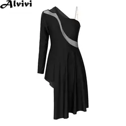 Vestido moderno de dança lírica para mulheres, malha pura, balé com um ombro, traje de patinação artística, bainha assimétrica dividida, vestido collant