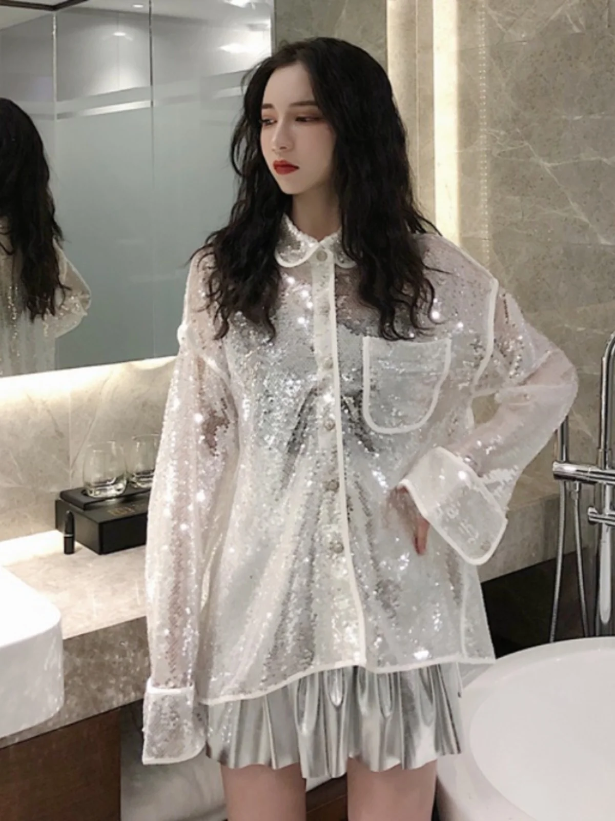 2025 Spring New Girl Blingbling Sequined Shirts Long Sleeve Shirt Trendy Female Solid Color Single Breasted Tops Women's Clothes
