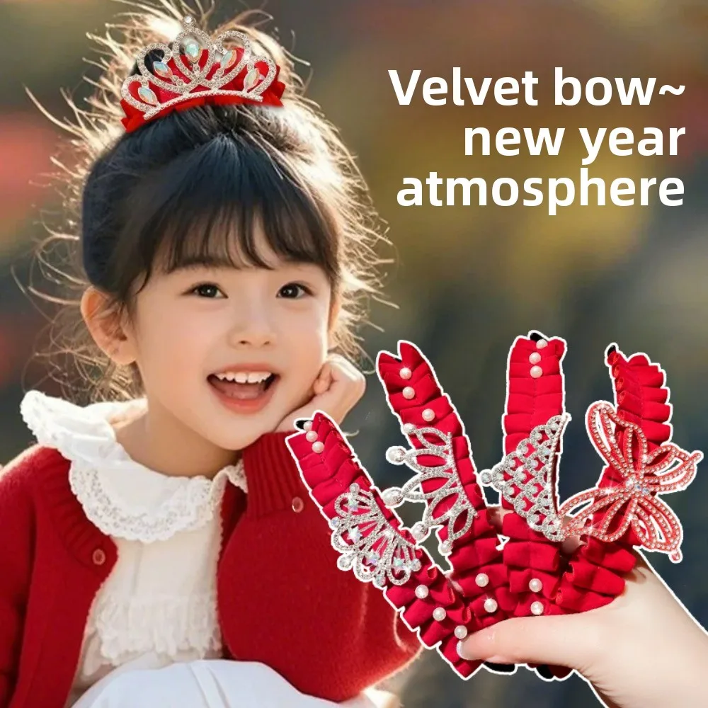 

High Ponytail Fixed Artifact Children's New Year Crown Rhinestone Pearl Chinese Kids Hair Claw Crystal Hair Accessories