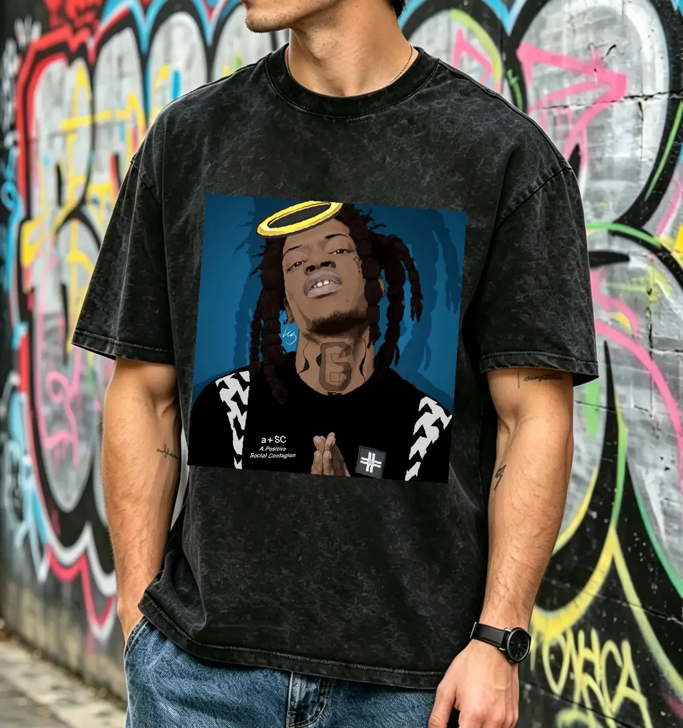 washed T Shirt Julio Foolio Rip Black vintage Washed homme graphic Unisex Comfortable Versatile streetwear Slightly Casual
