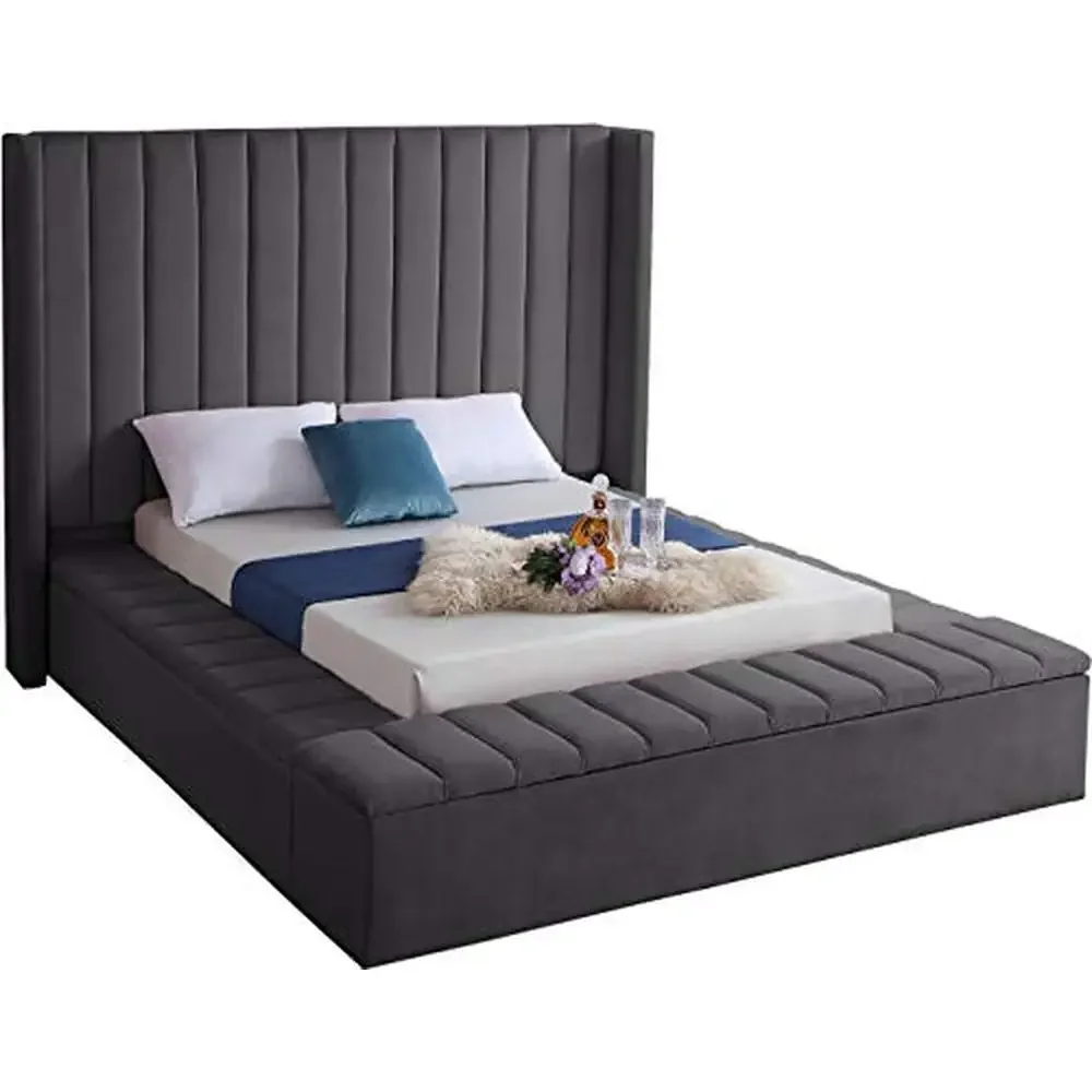 Modern Velvet Upholstered Bed King Grey Channel Tufting Storage Compartment Wood Frame