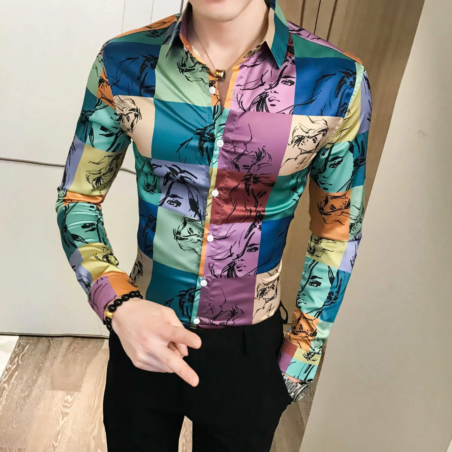 Printed Lattice Shirt Men Night Club Outfits Social Flower Shirts Mens Long Sleeve Slim Fit Men Designer Dress Shirt 2022 Autumn