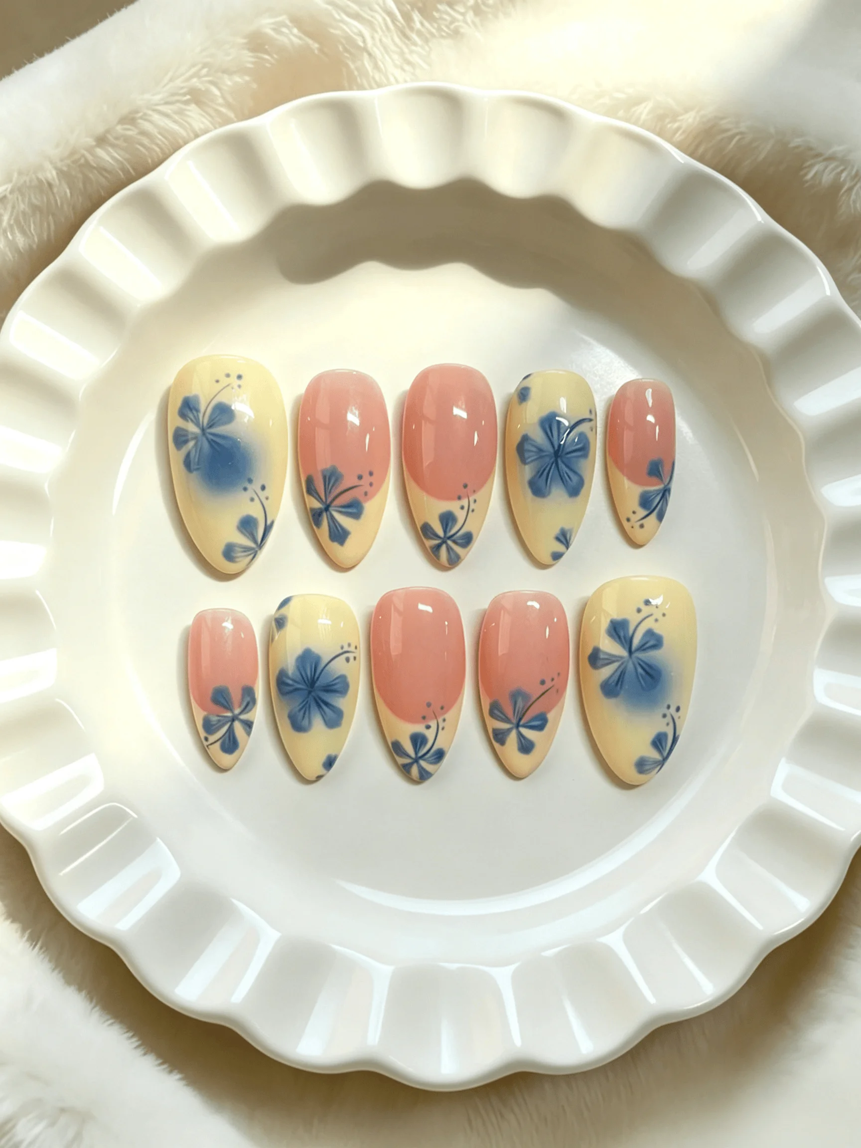 10 Pieces of Handmade Almond-Shaped Full-Cover Nail Tips, Medium Length, in Yellow, Pink, and Blue Tones, with Hand-Painted Floral Designs in a Gentle Style, Suitable for Women and Girls, Perfect for Beach Trips, Summer Photoshoots, and as a Gift, Comes with 1 Piece of Jelly Glue and 1 Nail File