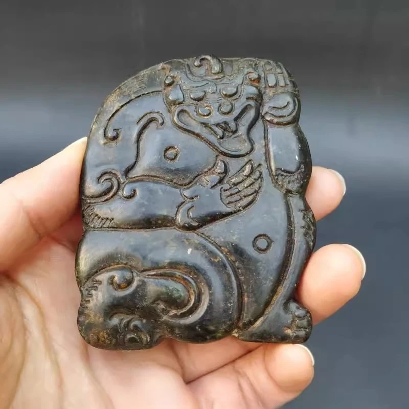 Chinese Hongshan Culture Iron Stone Meteorite Carved Animal Pixiu Beast Pendant