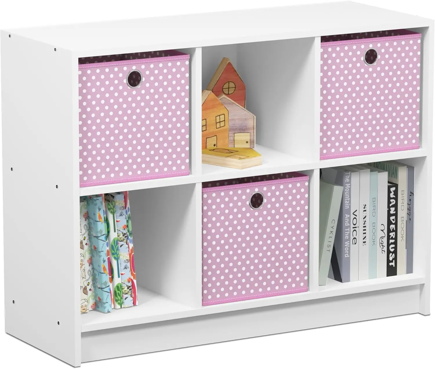 

6-Cube Bookshelf with Storage Bins, White/Pink, for Living Room Bedroom Home Office, 11.9x31.6x23.6 Inch