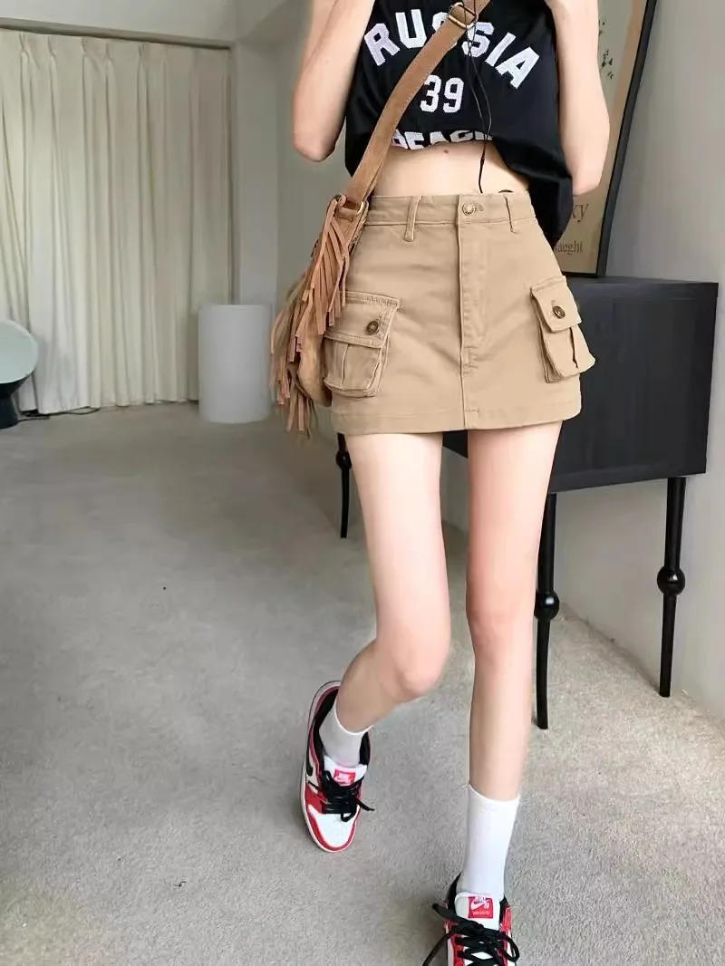 Cowboy-Midirock mit hoher Taille und amerikanischem Khaki-Farbton, kurzer Sommerrock im „Spicy Girl“-Stil, figurbetonter Rock für den Arbeitsalltag. – Detail 8