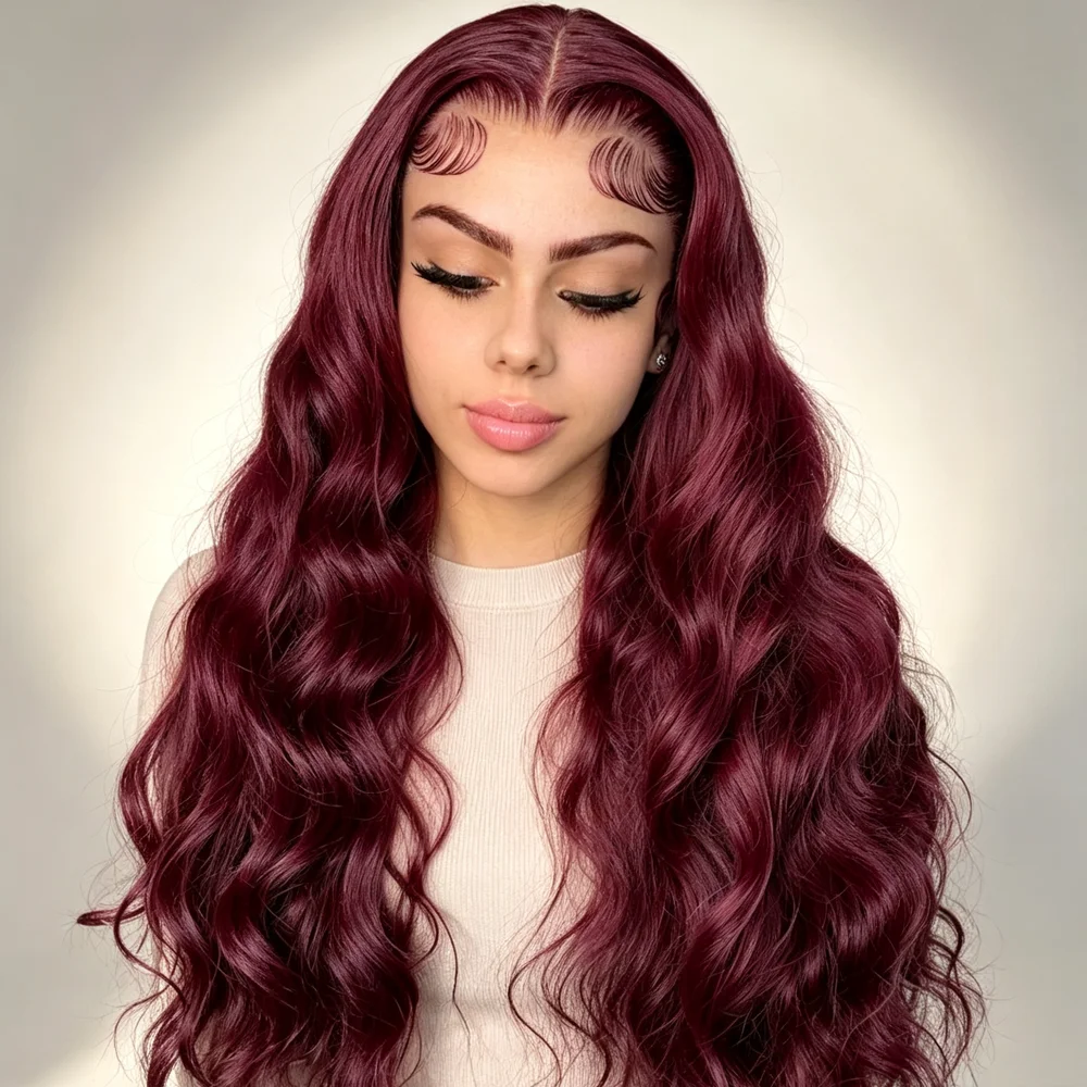 13x6 HD Lace Front Human Hair Wig Pre Plucked with Baby Hair 99J Burgundy Bone Body Wave Human Hair Wigs For Women 200 Density