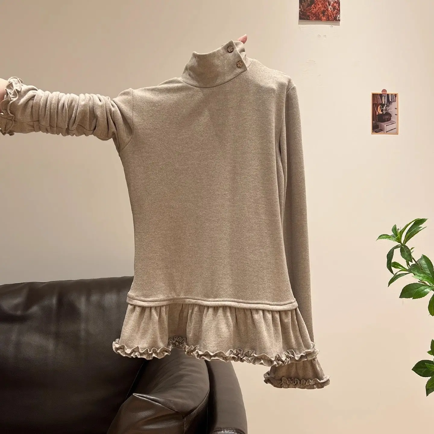 Fungus Edge Semi-turtleneck Long-sleeved T-shirt for Women's 2026 Autumn and Winter Slim-fit Inside Stacked