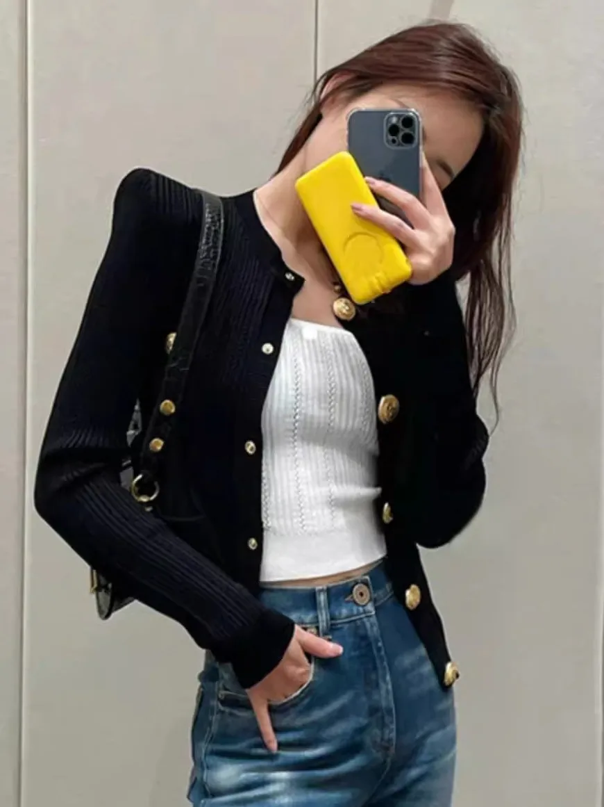 

Slim Fit Knitted Cardigan Coat Women's Bla Metal Bule Design Double ket Knitwear ort Sle Pure Color Commute Sle