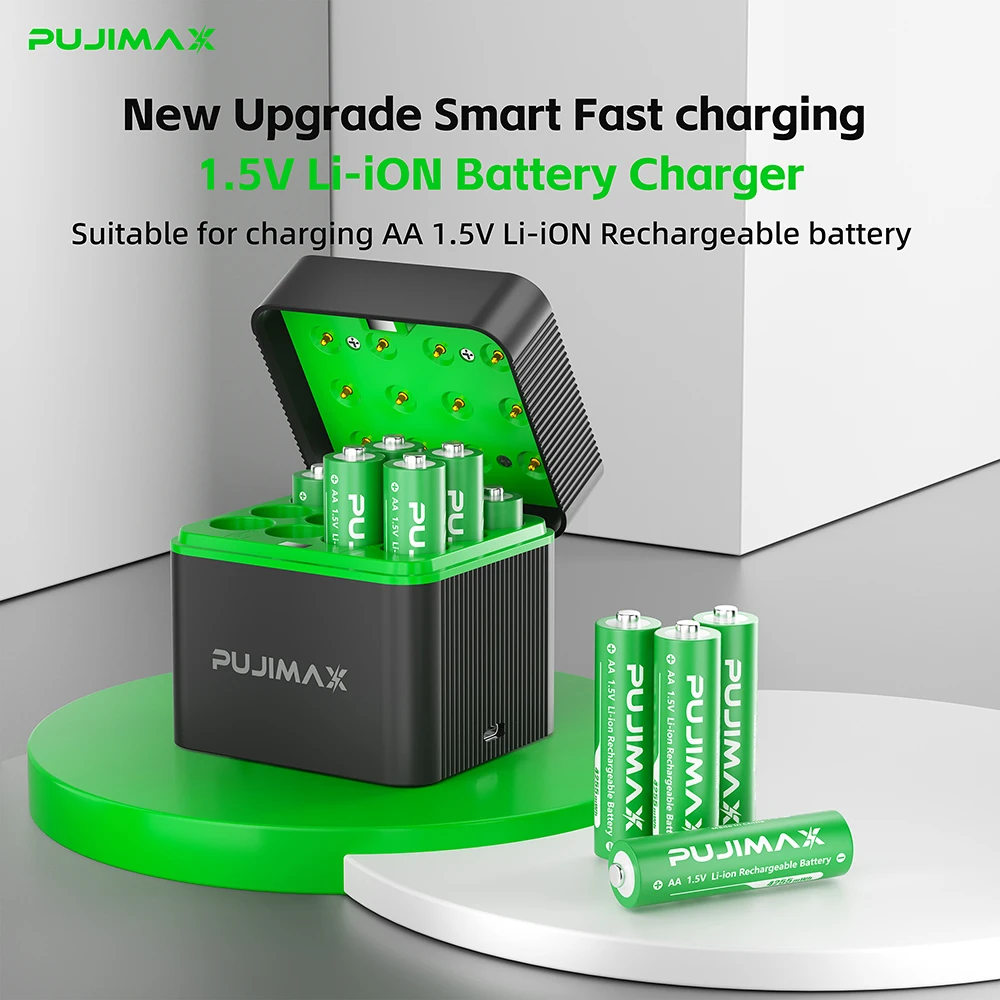 PUJIMAX 12-Slot AA-Batterieladegerät mit 12 Stück AA Li-Ionen-Batterien 1,5V 4255mWh Original Wiederaufladbare Batterie für Computer, Uhr, Radio, Videospiel, Digitalkamera AA AAA