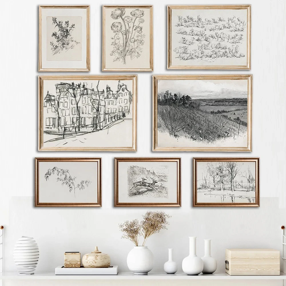 

Minimalist Landscape Drawing Decor Rustic Vintage Deer Sketch Woodland Wall Art Abstract Line Amsterdam Landscape Drawing Art