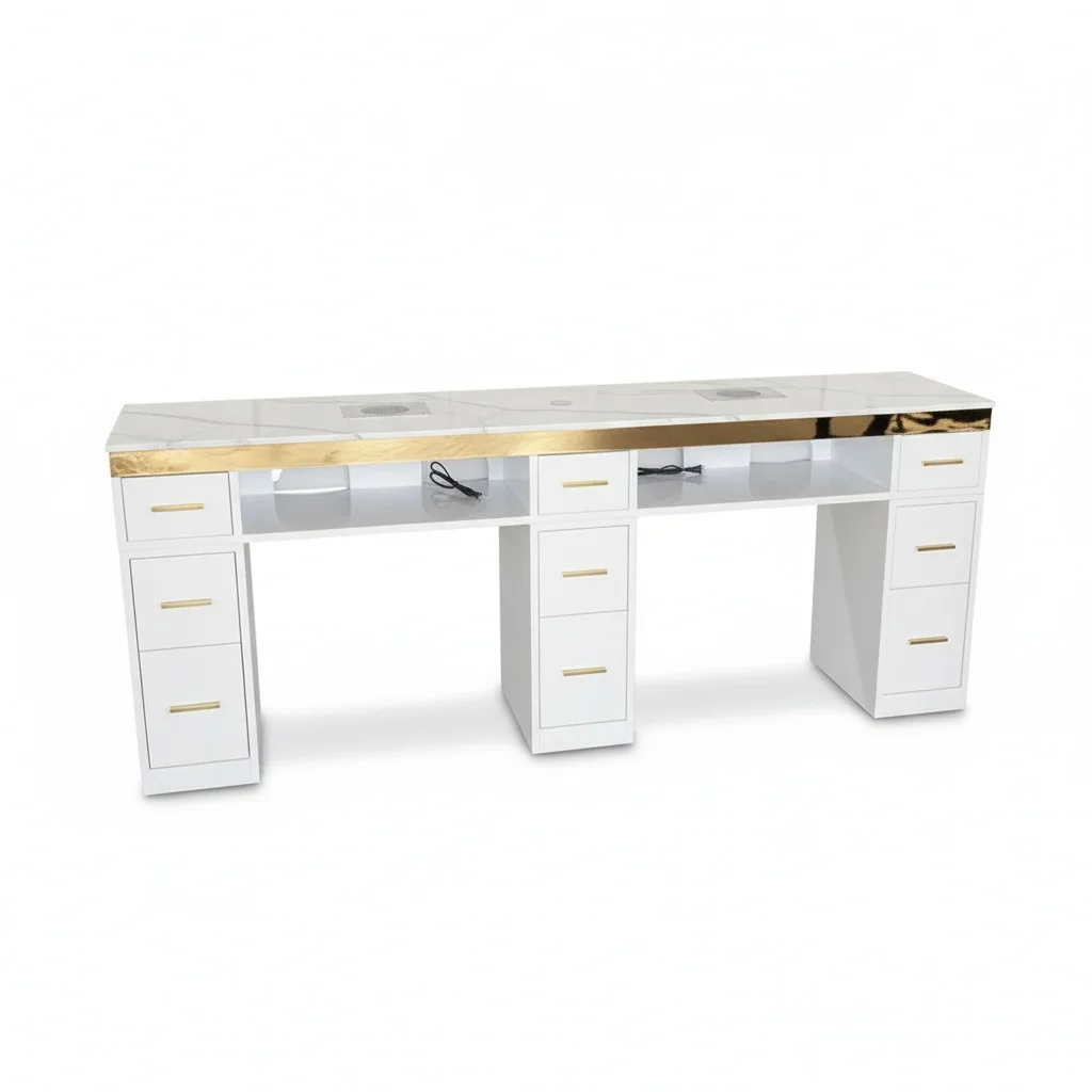 

Двухместный маникюрный стол, мраморный маникюрный стол с пылесборником, мебель для салона из МДФ, настраиваемая под заказ