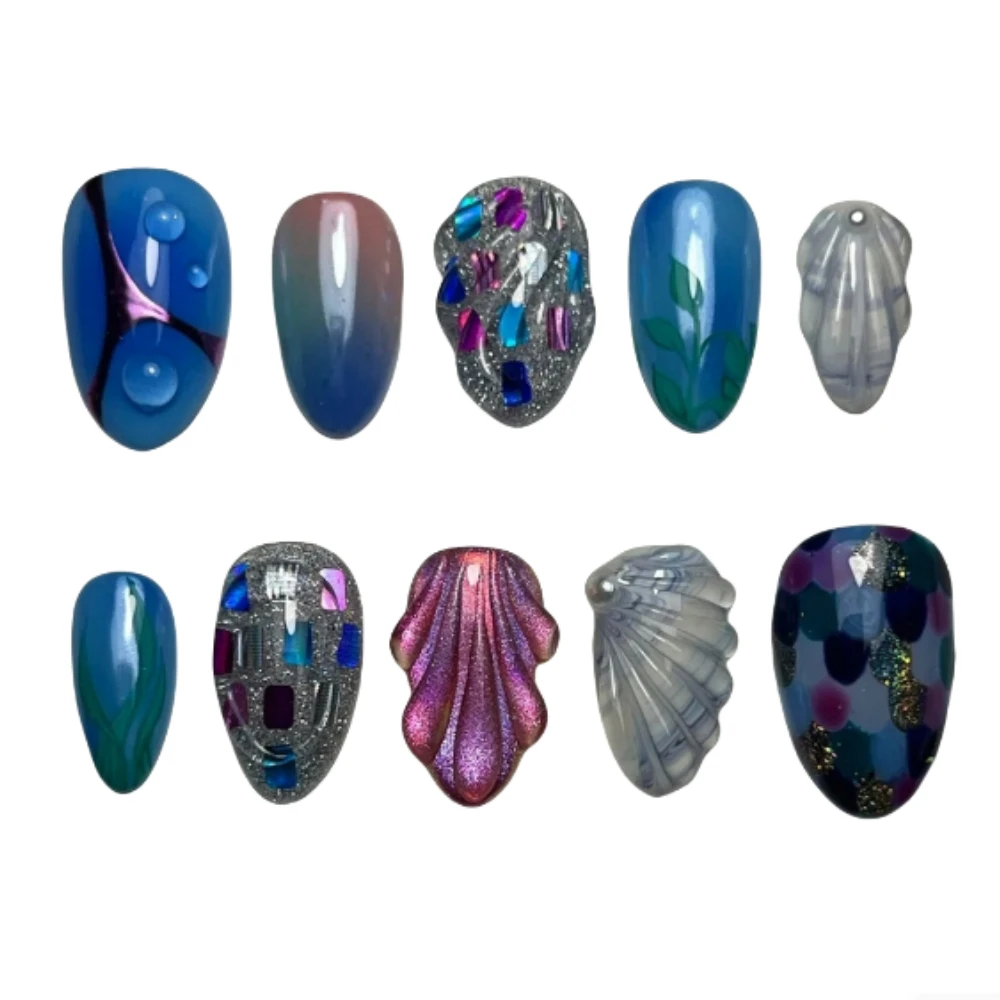 10 Stuks Handgemaakte Manicure Korte Amandel Nep Nagels Schattige 3d Shell Limited Nagels Pers Op Nagels Ontwerp Met Zelfklevende Nagelvijl Set