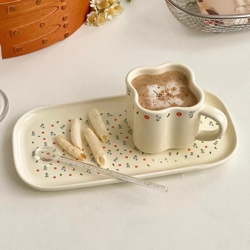 European Style Pretty Floral Print Cups Ceramic Mugs Coffee Cups Design Sense Niche Afternoon Tea Utensils Coffee Cup Plate Set